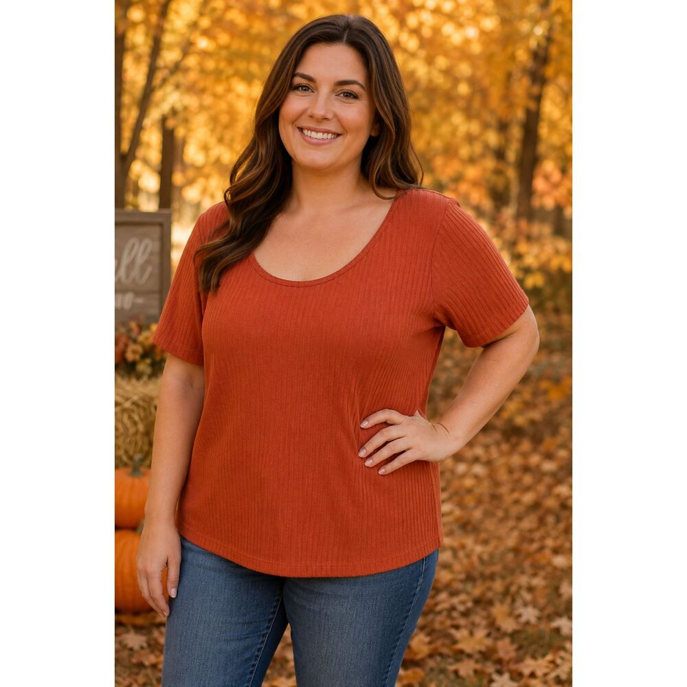Old Navy XL Orange Ribbed Knit Scoop Neck S Sleeve Stretch Top Fall Casual #3